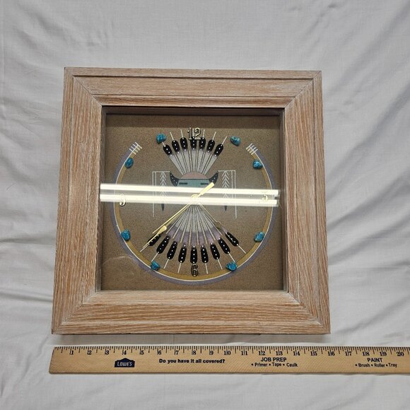 Navajo Sand Art painting Clock hand crafted w/ turquoise stones framed glass - Picture 10 of 15